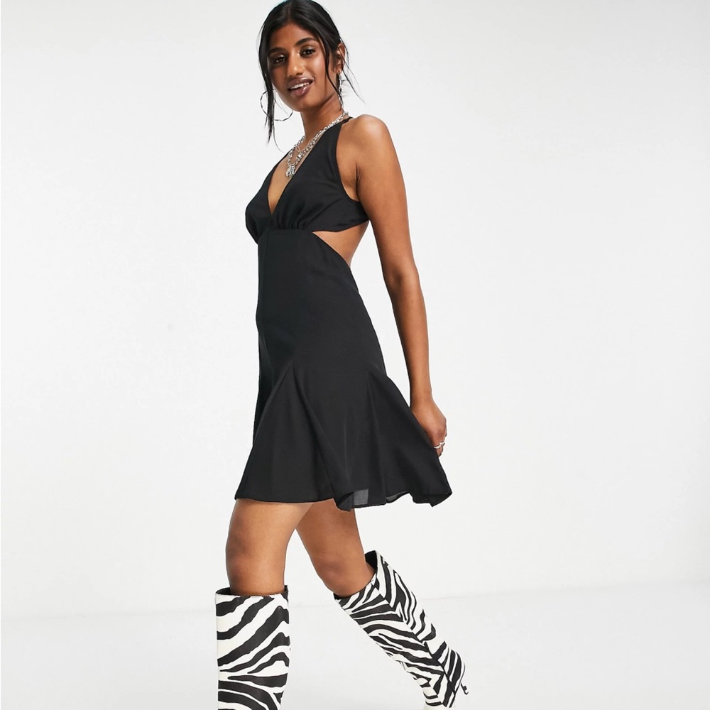 ASOS DESIGN strappy mini sundress with godet skirt in black